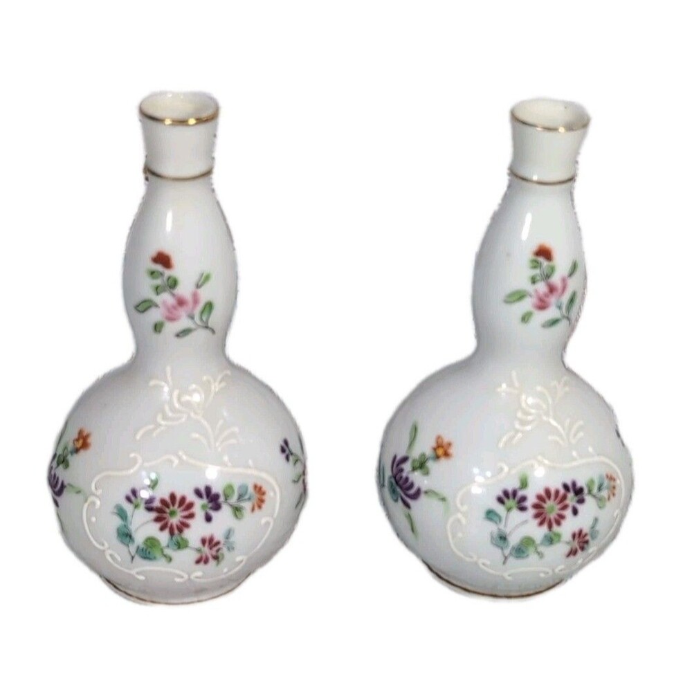 Vintage Wales China Bud Vases Pair Made in Japan Floral Gourd Shape Porcelain 5"